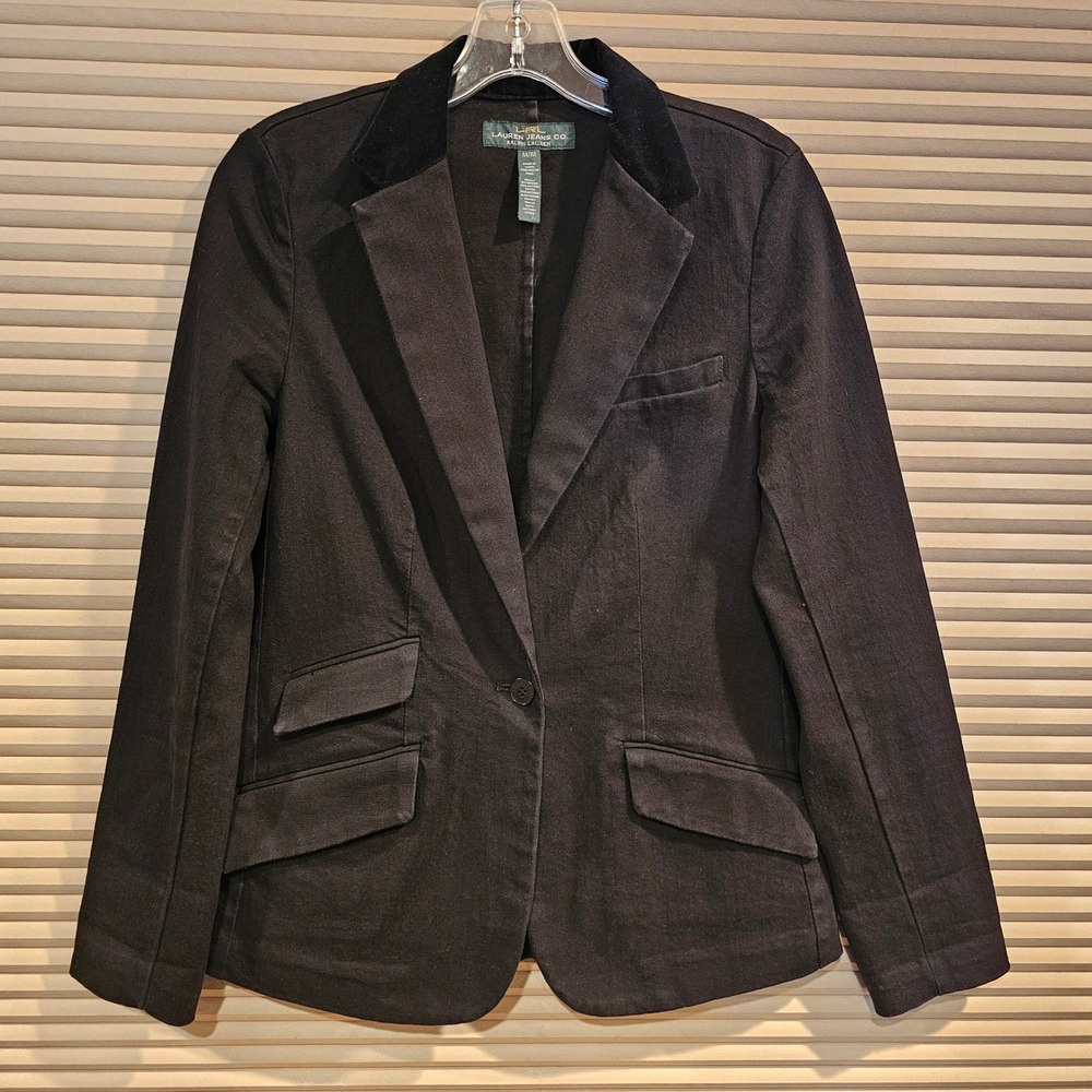 Lauren Ralph Lauren LRL Black Denim Blazer Velvet Collar Equestrian Jacket M